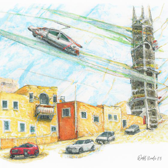 Ilustração de um veículo futurista a voar sobre um bairro antigo, com uma torre ao fundo