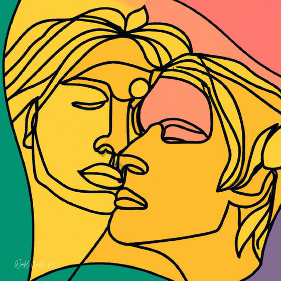 Ilustração minimalista de dois rostos encostados testa contra testa, de olhos fechados
