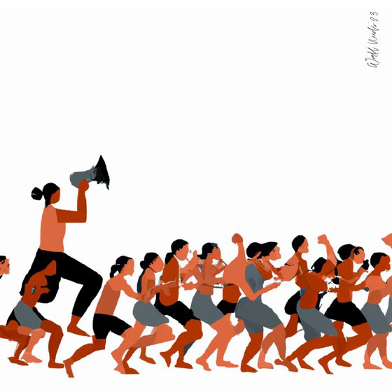 Ilustração de uma multidão em marcha, liderada por uma figura com um megafone erguido