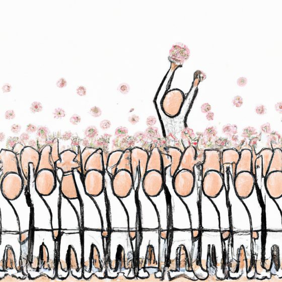 Ilustração de uma multidão vista de costas, com uma figura destacada a erguer os braços entre flores