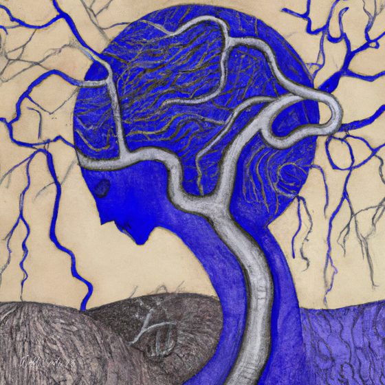 Pintura de uma cabeça em perfil azul, com raízes claras desenhadas por dentro e ramos por fora