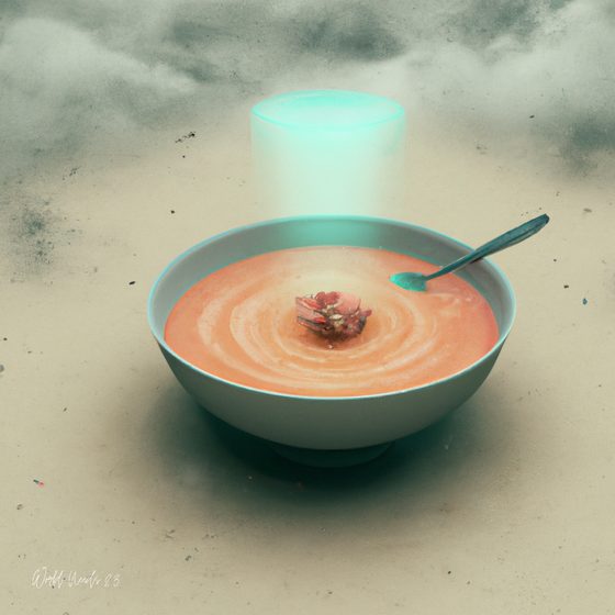 Uma tigela de sopa simples com uma luz suave a pairar atrás