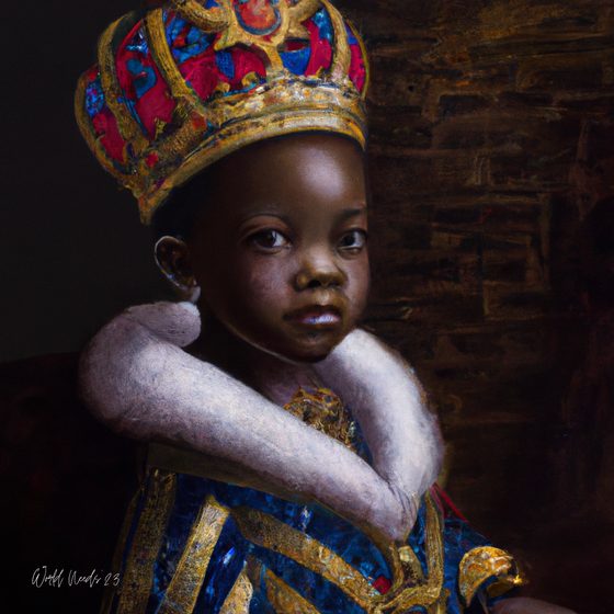 Retrato de uma criança com coroa dourada e manto de arminho