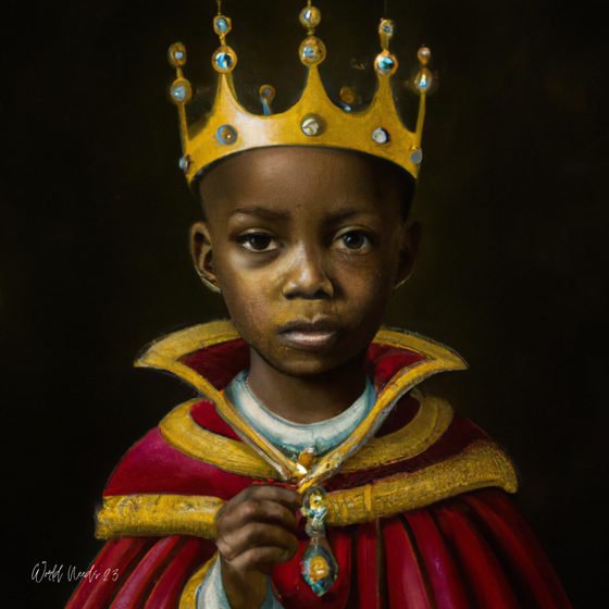 Retrato de uma criança com coroa dourada cravejada, a segurar um medalhão