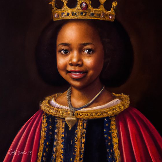 Retrato de uma criança sorridente com coroa dourada e capa vermelha