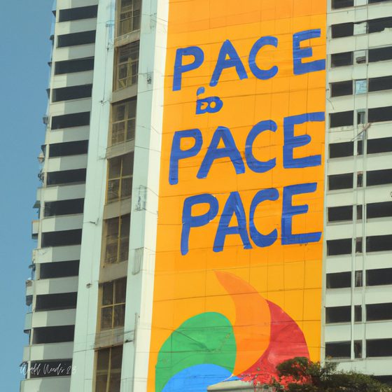 Fotografia de um edifício com a palavra PACE pintada três vezes em letras grandes