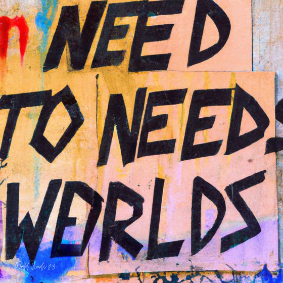 Fotografia de graffiti com as palavras NEED TO NEED WORLDS numa parede desgastada