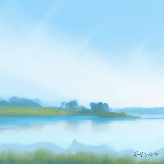 Pintura enevoada de uma paisagem aquática com ruínas ao longe
