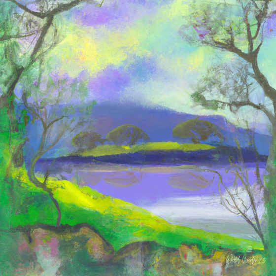 Pintura onírica de um jardim com um lago roxo, emoldurado por ramos de árvores