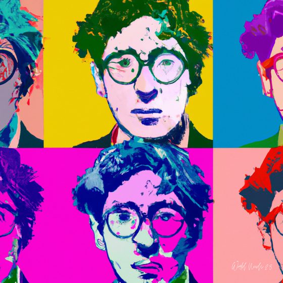 Grelha de retratos em pop art do mesmo rosto, repetido em fundos de cores diferentes