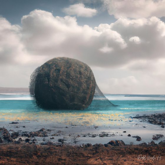 Fotografia surreal de uma grande rocha a fundir-se num mar turquesa