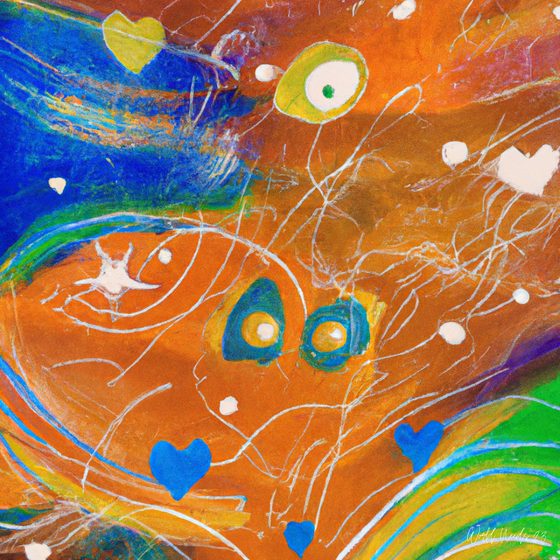Pintura abstrata e colorida, com corações e olhos flutuantes, em estilo naïf