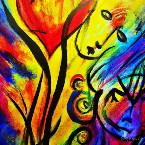 Pintura abstrata de um rosto a emergir de formas florais coloridas