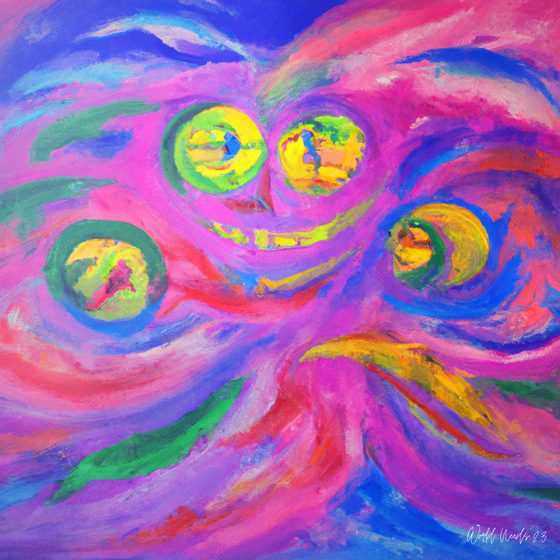 Pintura abstrata de um rosto sorridente num redemoinho de cores vivas
