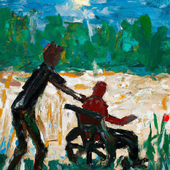 Pintura expressionista de uma figura a empurrar outra sentada, num parque