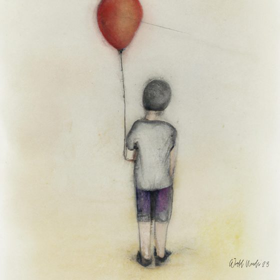 Desenho suave de uma criança de costas, a segurar um balão vermelho