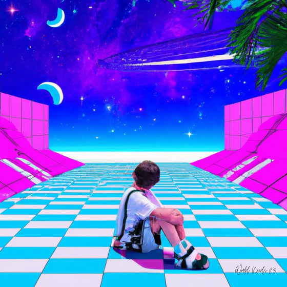 Ilustração surreal de uma criança sentada num chão axadrezado, sob um céu cósmico