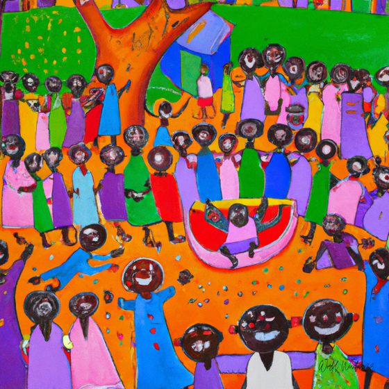 Pintura vibrante de uma grande multidão colorida reunida debaixo de uma árvore