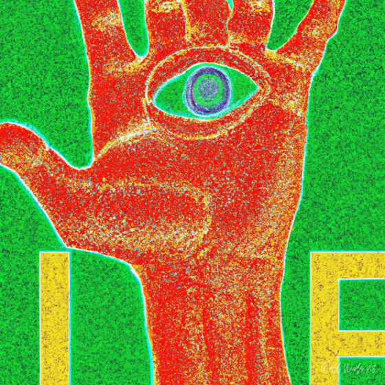 Ilustração de alto contraste de uma mão vermelha com um olho na palma, sobre fundo verde