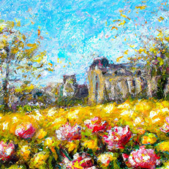Pintura impressionista de um jardim florido diante de ruínas antigas