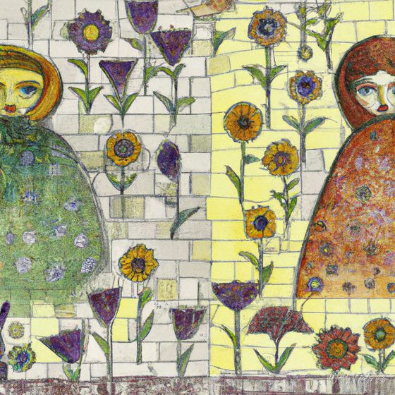 Pintura decorativa de duas figuras emolduradas por um muro de tijolo coberto de flores